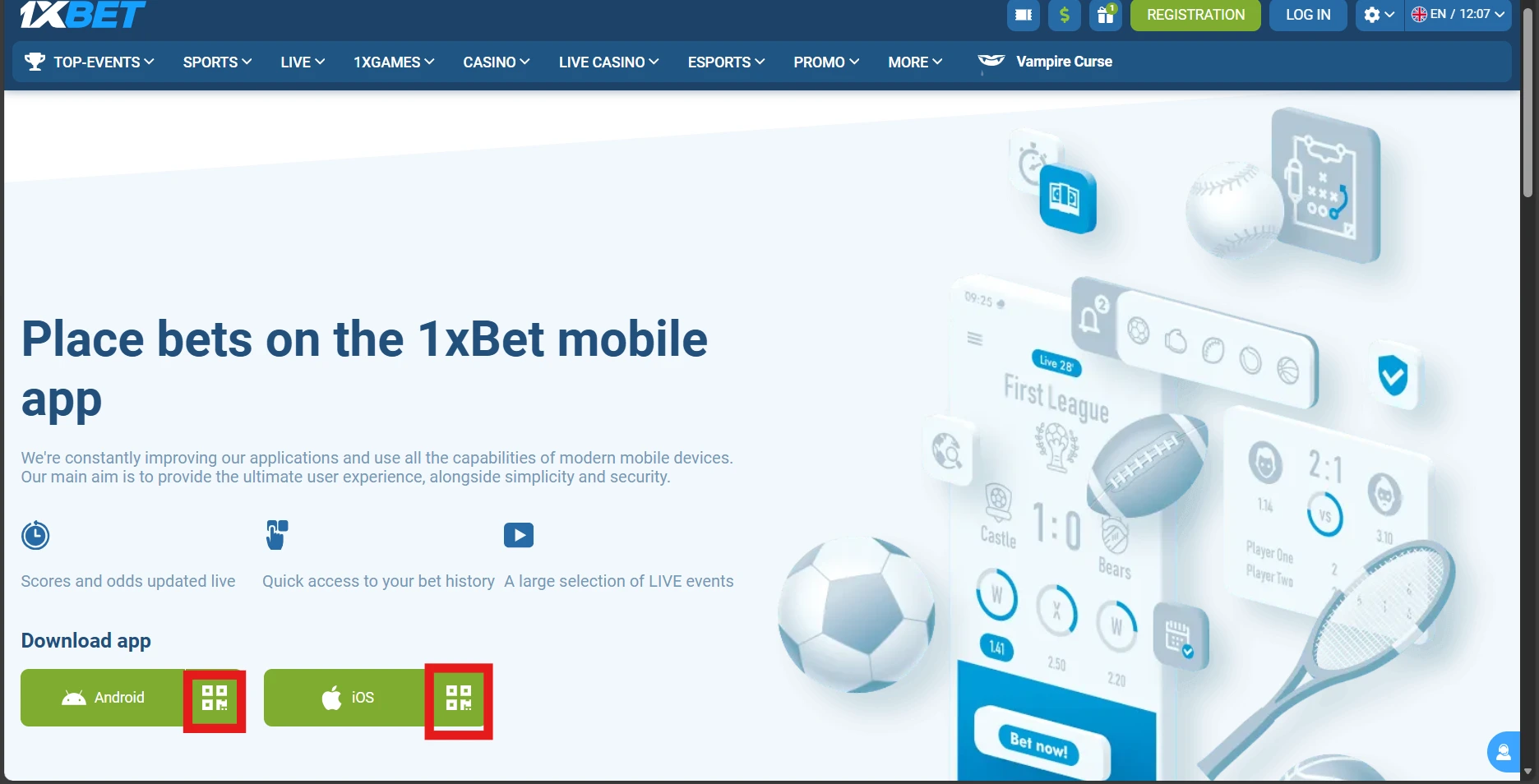 download the 1xBet mobile app by QR cod