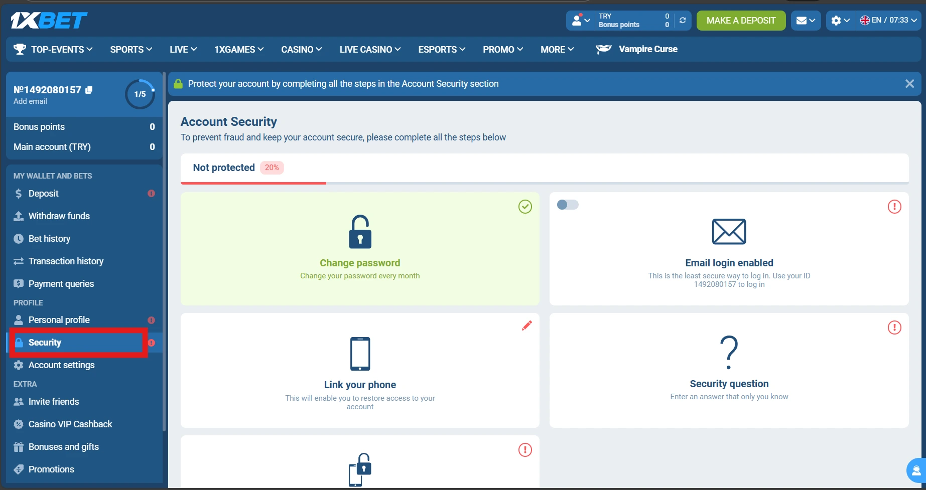 security page for 1xBet